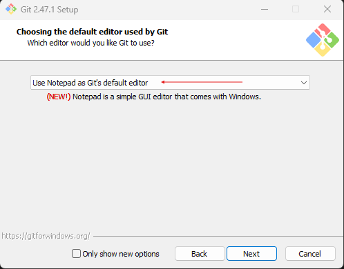 Select Notepad for default Git editor